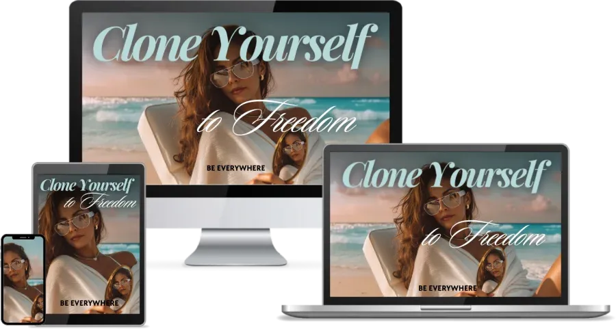 Clone Yourself to Freedom, a course on how to create an AI avatar, shown on several screens