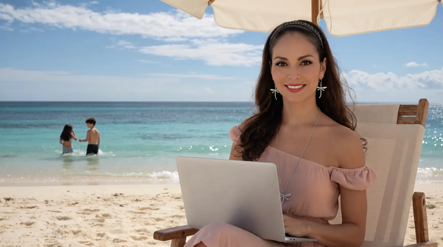 Gabrielle working on her laptop in a beach chair while her kids play in the sea