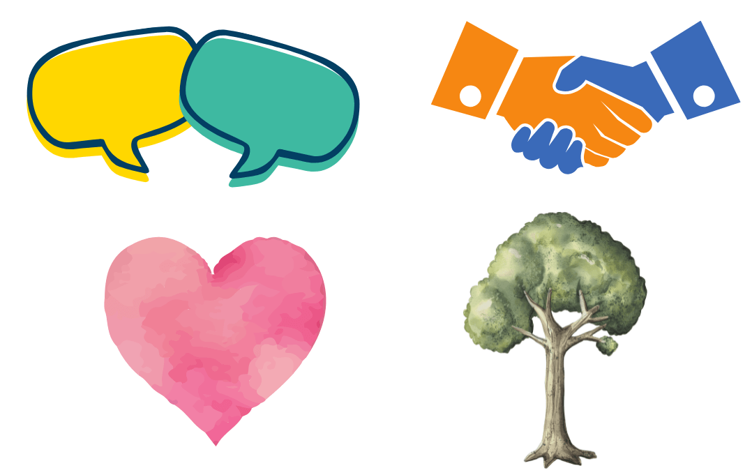 Central Images - speech bubbles, handshake, heart, tree