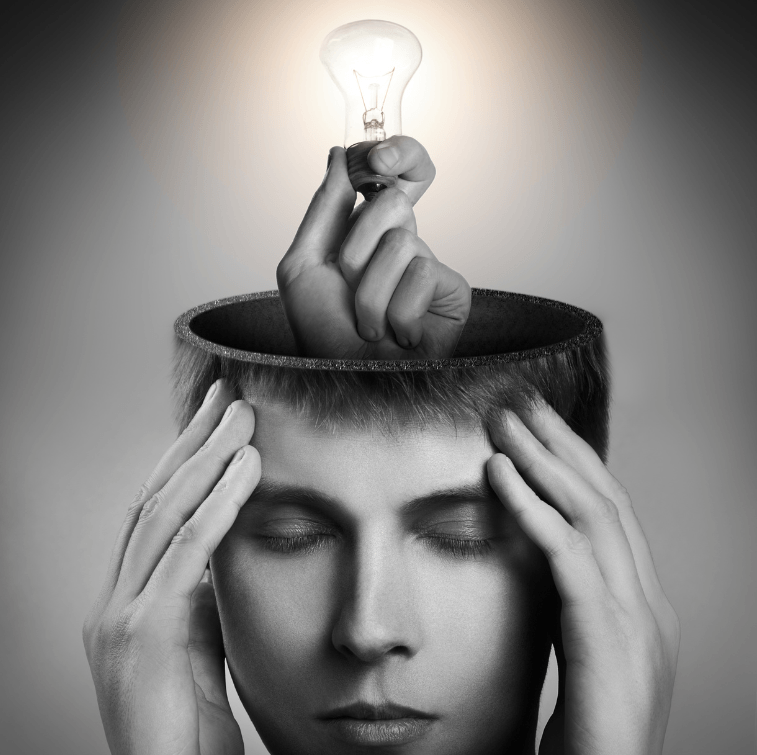 too many ideas - woman with unwanted lightbulb in head 