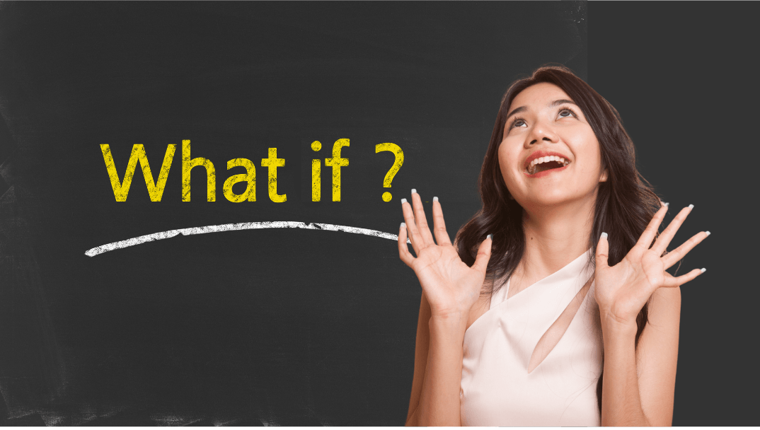 Excited woman thinking 'what if?'