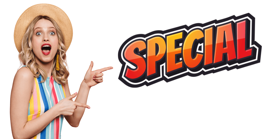 woman pointing at "special"