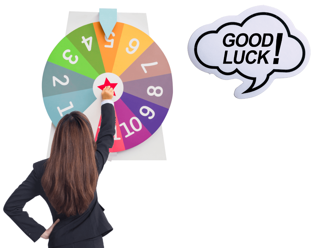 businesswoman spinning chance wheel