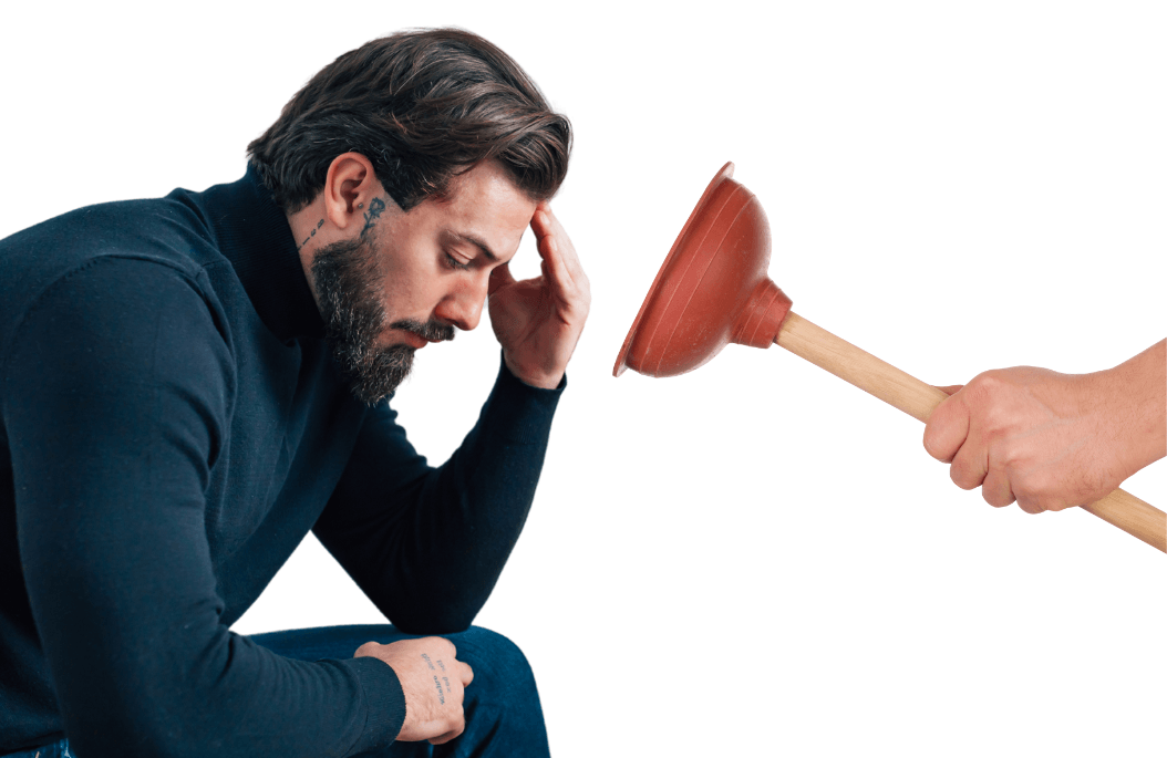 Man with creative block and sink unblocker