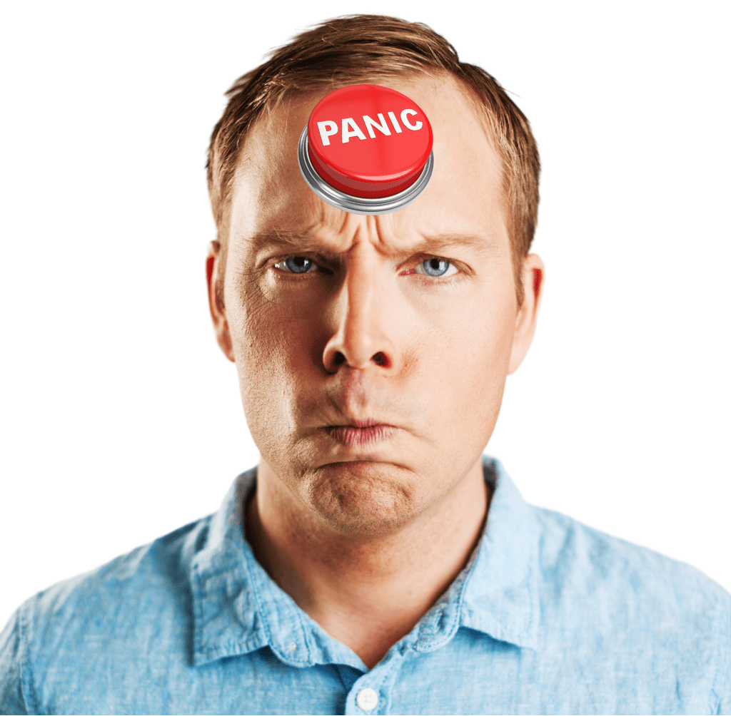 tense man with panic button