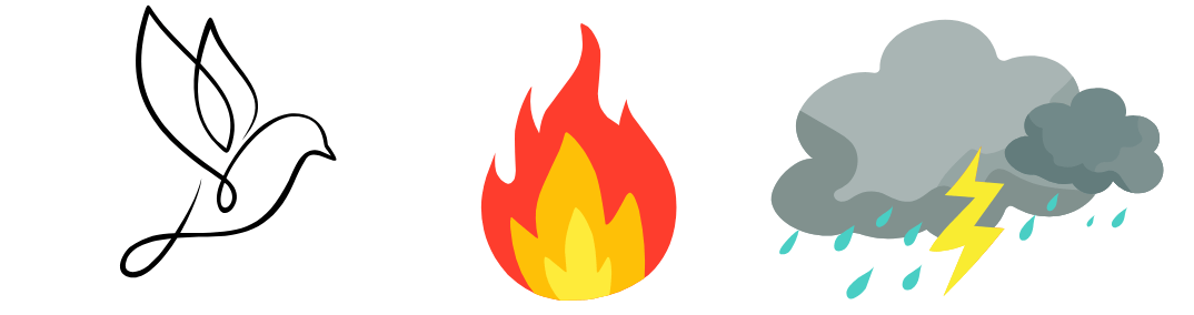 central images - dove, fire, storm clouds