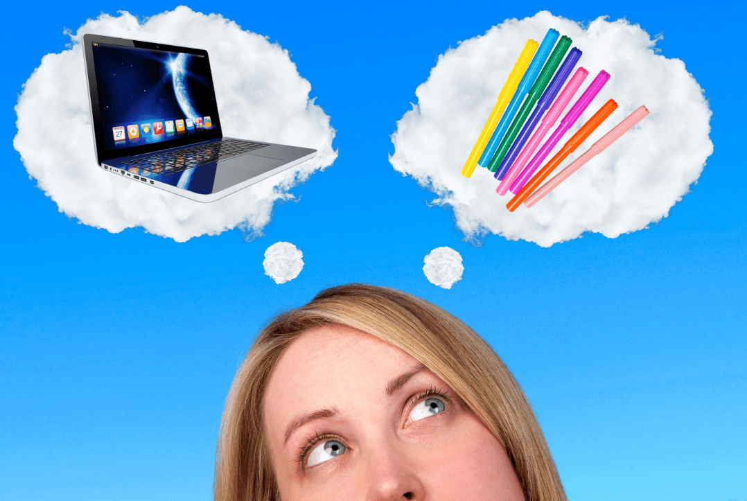 woman thinking about comparison between laptop and pens