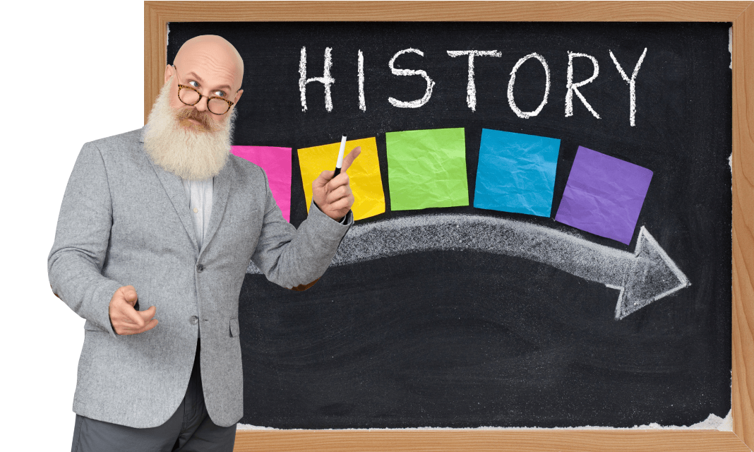 History professor with timeline on blackboard