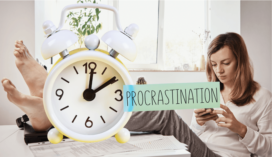 woman with feet on desk procrastinating, alarm clock