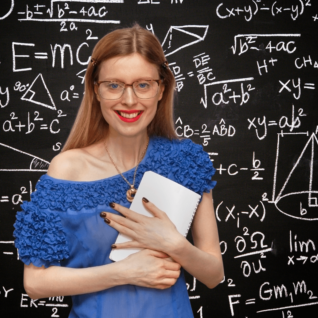 woman science geek with blackboard mathematics