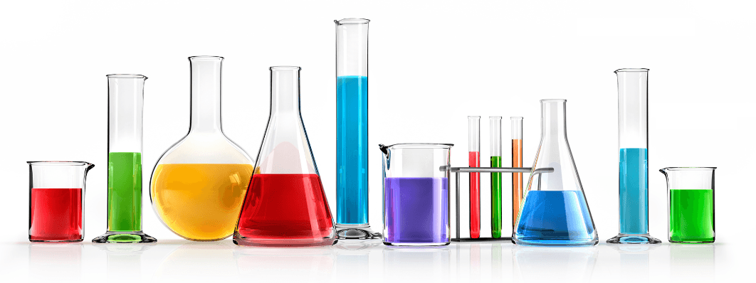 coloured flasks, test tubes beakers, measuring cylinders