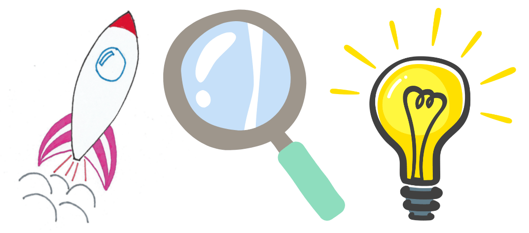 rocket, magnifying glass, lightbulb