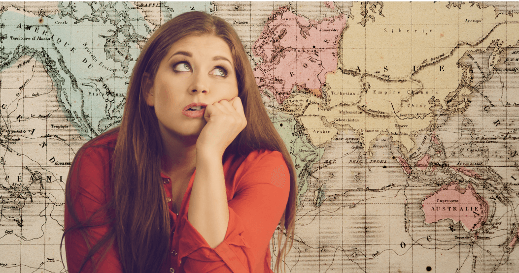 bored woman in front of old map