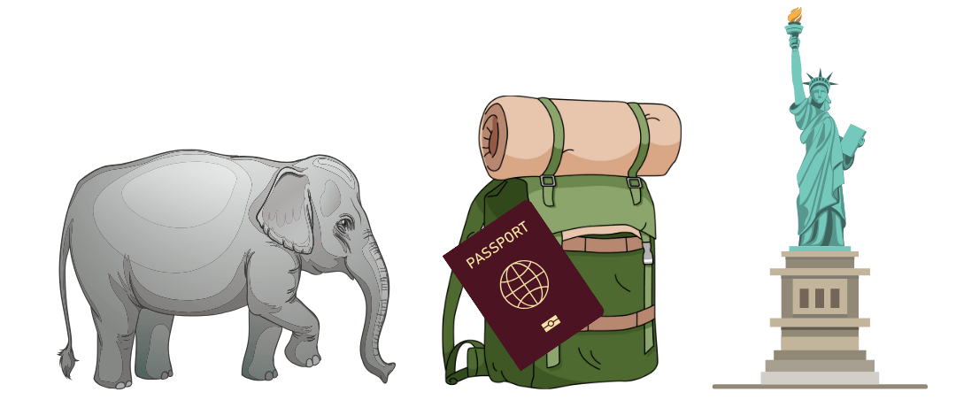elephant, backpack and passport, Statue of Liberty