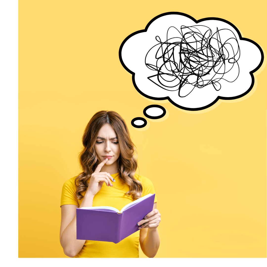 Woman reading with tangled thoughts