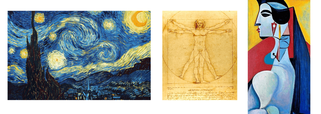 Starry Night, Vitruvian Man, Picasso portrait
