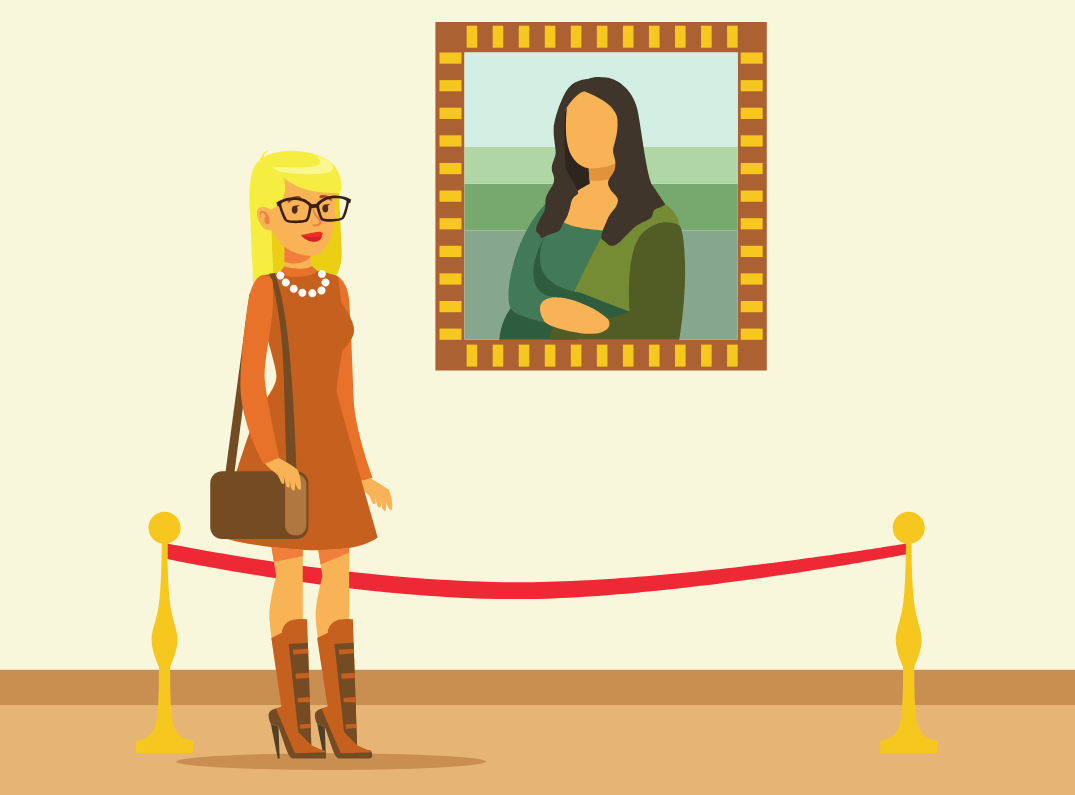 cartoon woman at gallery with Mona Lisa