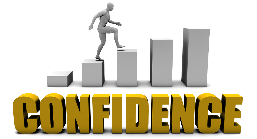Confidence - man running up increasing bar chart