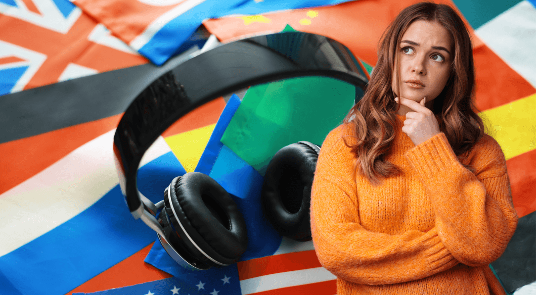 pensive woman with flags and headphones