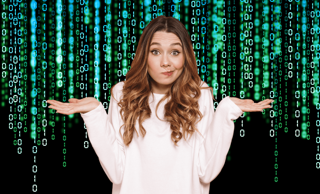 confused woman with 'Matrix-like' code