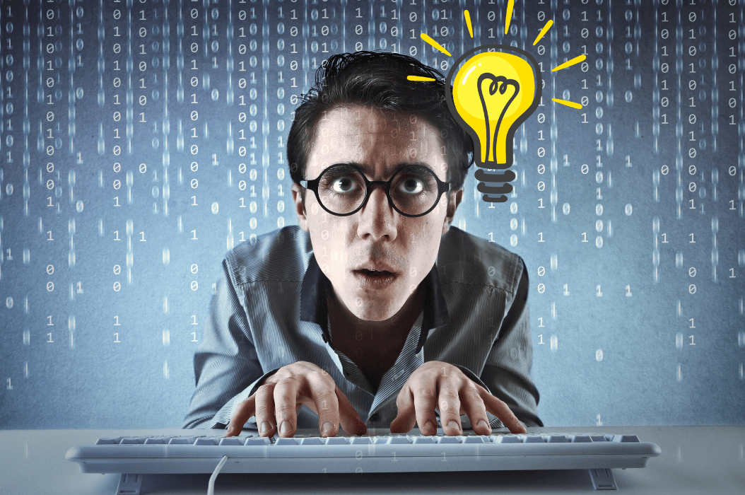 male intense coder with lightbulb idea