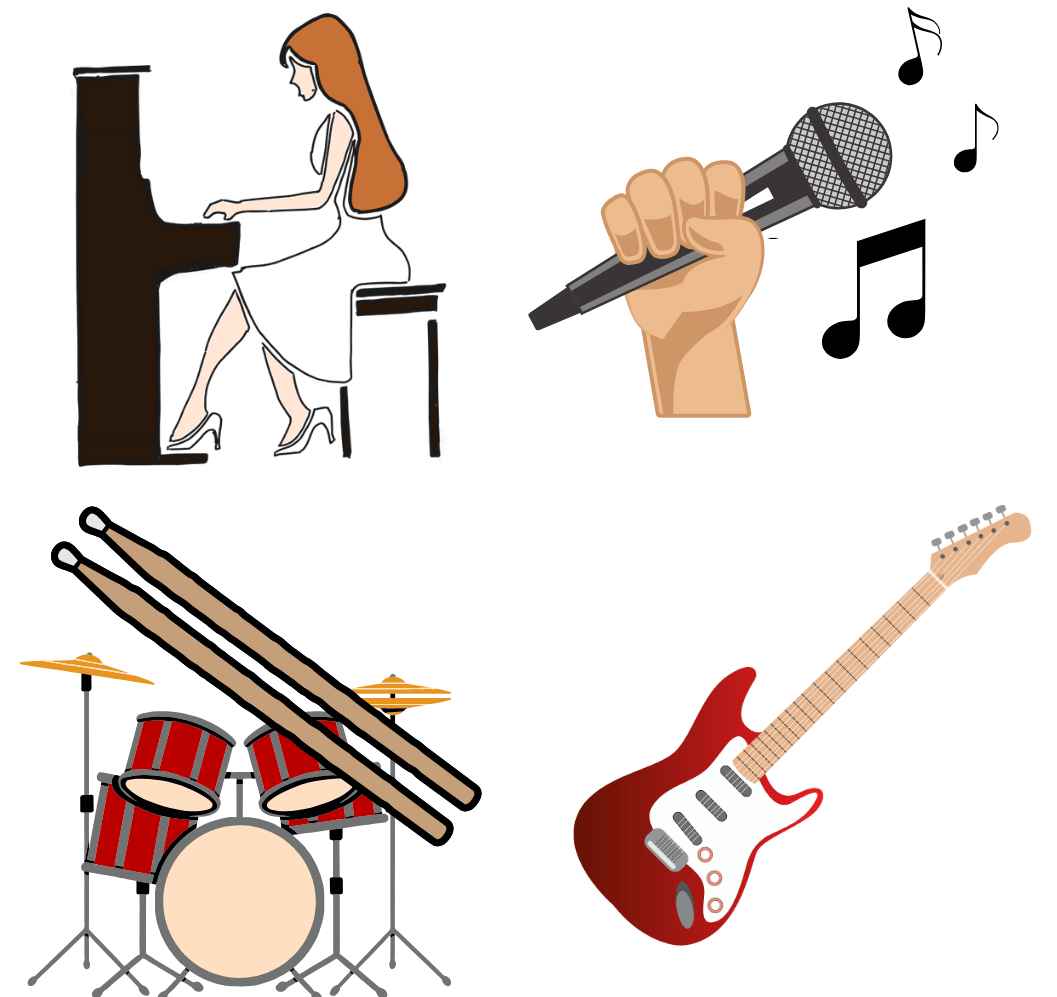 Music themed central images - piano, microphone, drums, guitar