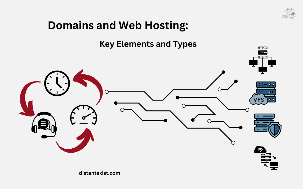 Graphic illustrating the relationship between domains and web hosting. The left side shows essential elements—uptime, speed, and customer support—connected by curved arrows. The right side depicts different types of hosting—shared, VPS, dedicated, and cloud—connected by a circuit board design, with a central path linking the essentials to the hosting types.