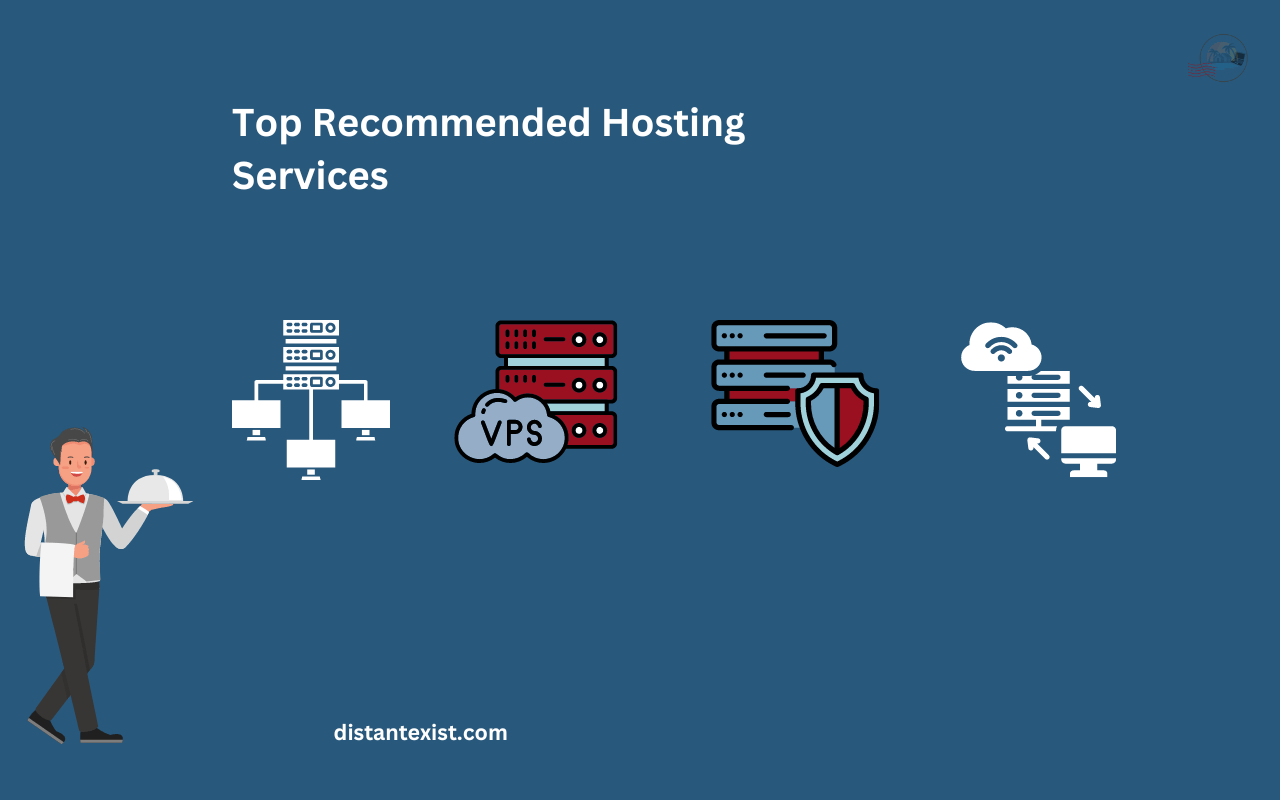 Graphic titled 'Your Top Recommended Hosting Services' featuring icons for different types of web hosting: shared hosting, VPS hosting, dedicated hosting, and cloud hosting. A server is depicted on the left side, with a waiter serving a tray of hosting options. The icons are evenly spaced across the image, representing the recommended hosting services discussed in the post.