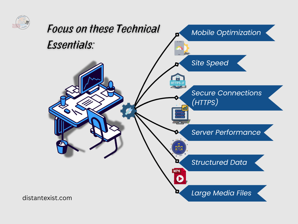 Illustration of a workspace desk with six connected Technical SEO essentials: Mobile Optimization, Site Speed, Secure Connections (HTTPS), Server Performance, Structured Data, and Large Media Files, each represented with icons and linked by arrows.