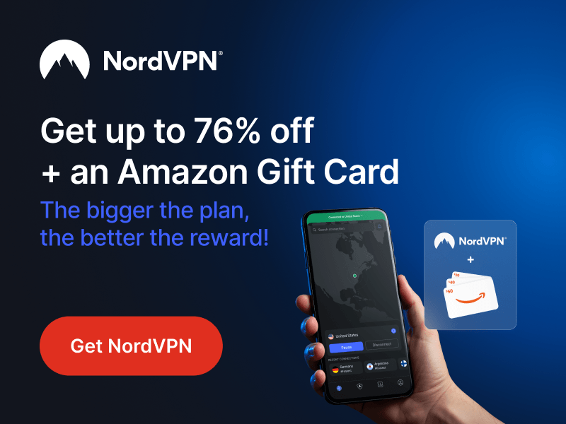NordVPN secure VPN service offering up to 76 percent off with Amazon gift card promotion