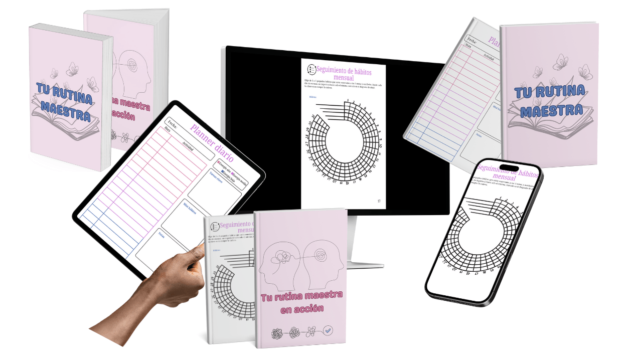 Mockup de la guía Tu Rutina Maestra y su planner, mostrados en libro, tablet, laptop y celular