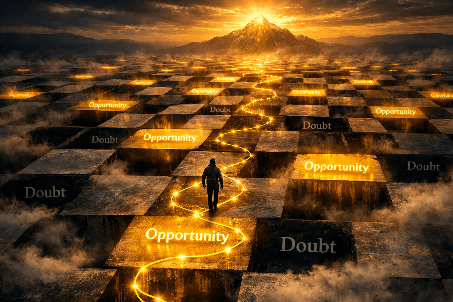 Epic cinematic overhead shot of labyrinthine chessboard with entrepreneur navigating between shadowy pitfalls labeled Doubt and radiant squares labeled Opportunity, golden threads connecting each step leading toward distant blazing summit, visual allegory for strategic transformation through imposter syndrome for entrepreneurs and founders