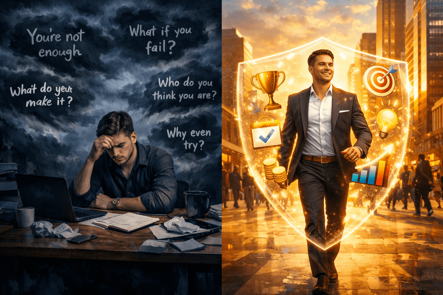 Cinematic split-frame showing entrepreneur's transformation journey: left side depicts person alone at cluttered desk surrounded by dark anxiety clouds with "you're not enough" messages, right side shows same person striding confidently through bright bustling cityscape protected by glowing shield of achievement icons, illustrating imposter syndrome breakthrough from self-doubt to self-mastery