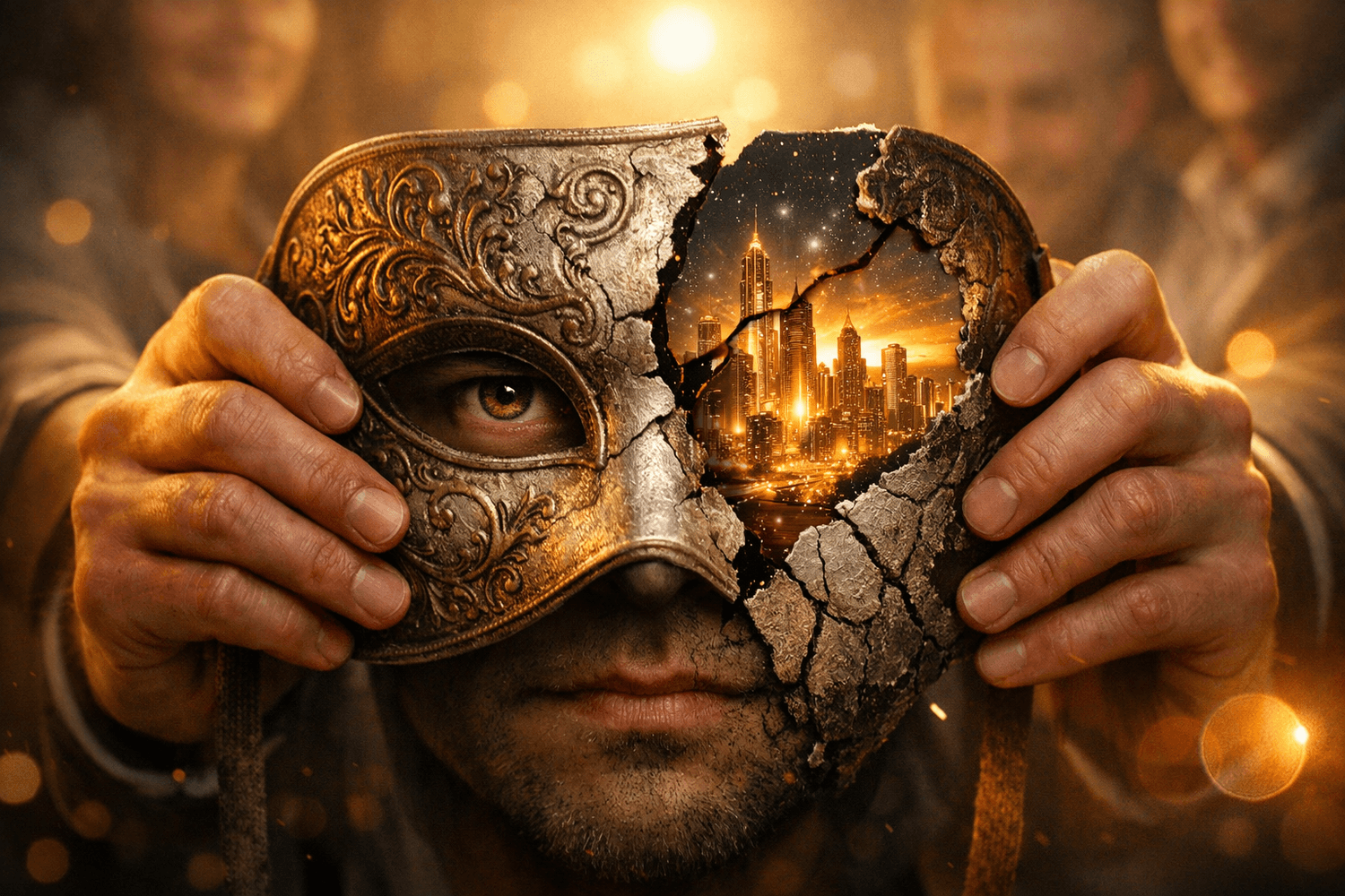 Powerful close-up of hands gripping handles of cracked mask revealing determined eyes and visionary luminous cityscape unfolding from within the crack, with blurred outlines of mentors and teammates extending supportive hands in background with warm golden lighting, symbolizing vulnerability as gateway to authentic leadership and overcoming imposter syndrome