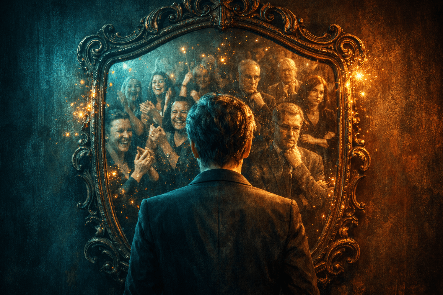 Surreal double-exposure portrait of founder looking into mirror that reflects overlapping crowd of applauding supporters and doubting critics instead of their face, with faint gold sparks shimmering at edges signaling transformation, representing the imposter syndrome paradox of self-doubt as both prison and power