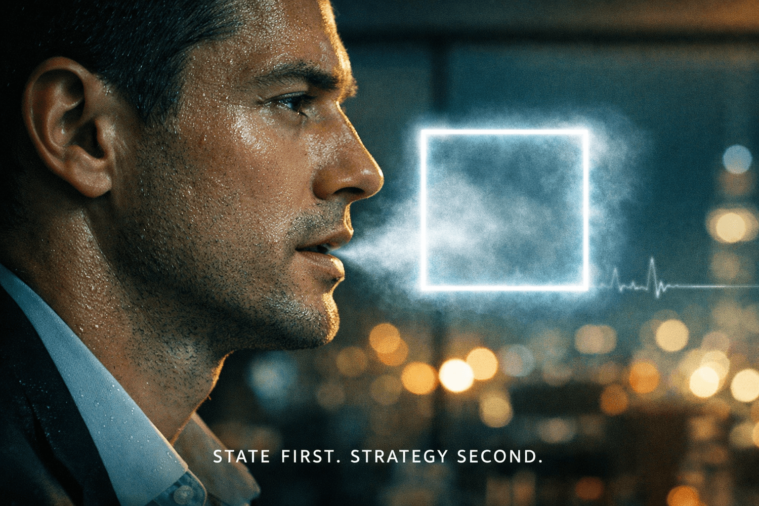 Close-up portrait of founder practicing box breathing before high-stakes call, showing nervous system regulation technique for entrepreneurs managing performance anxiety