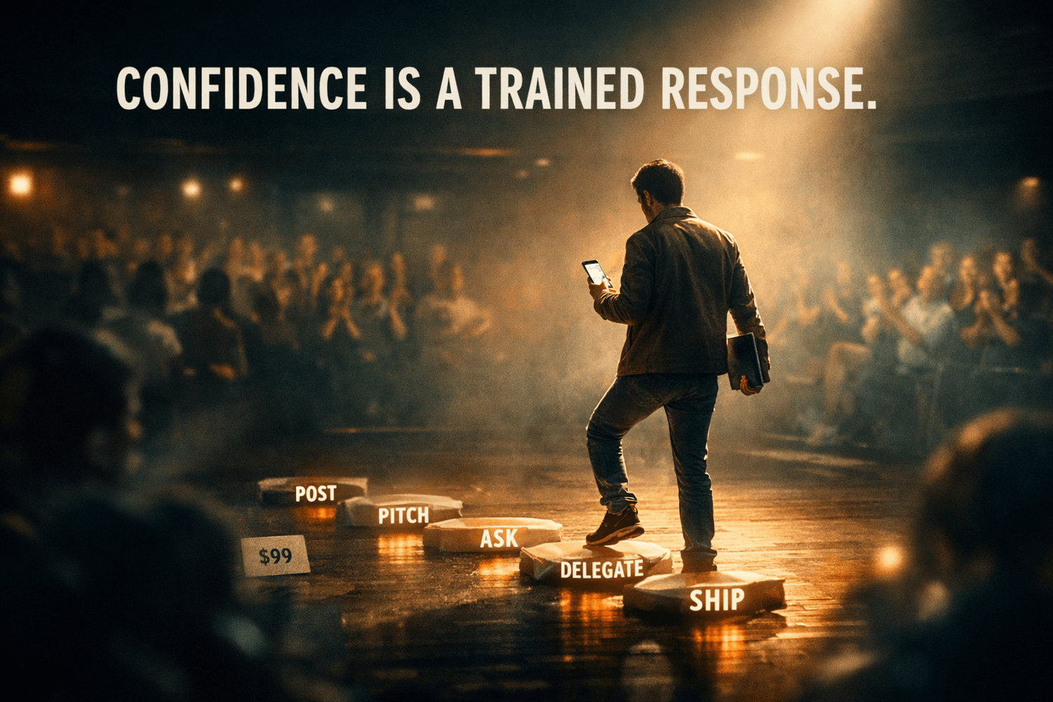 Founder standing at spotlight edge with stepping stones labeled post pitch ask delegate ship, illustrating exposure protocol for building entrepreneurial confidence