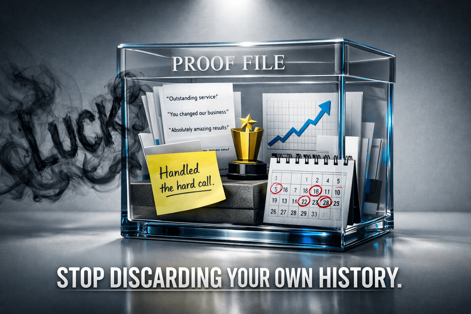 Glass box labeled Proof File containing customer testimonials and success receipts while luck smoke bounces off, illustrating evidence-based confidence building for entrepreneurs