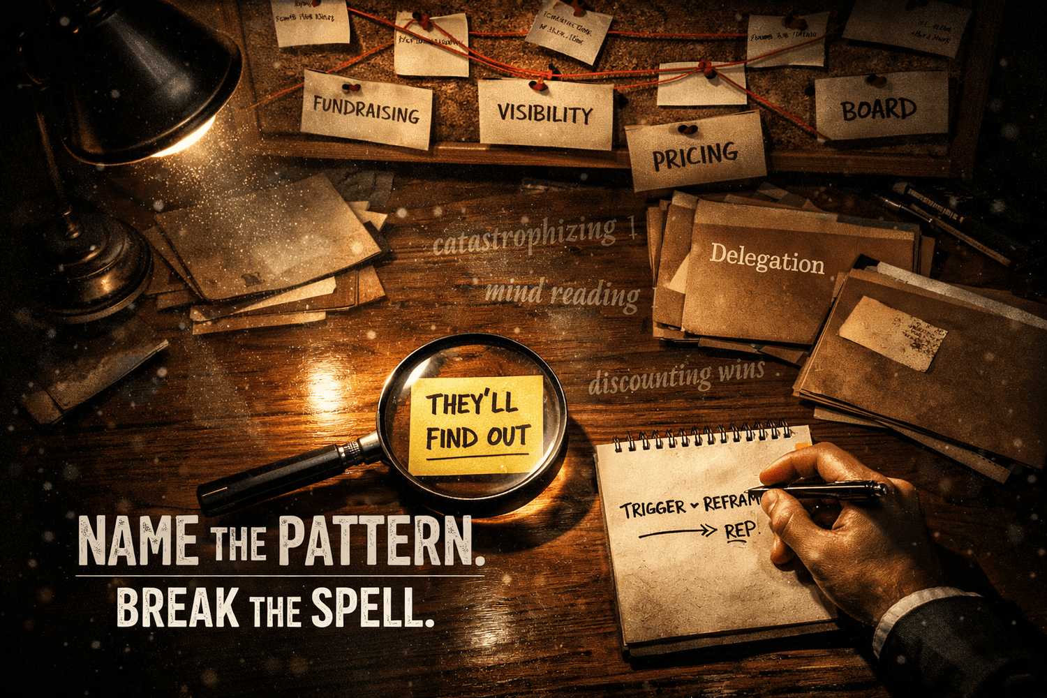 Noir detective desk scene with case files labeled fundraising, visibility, pricing, delegation showing imposter syndrome trigger forensics for entrepreneurs