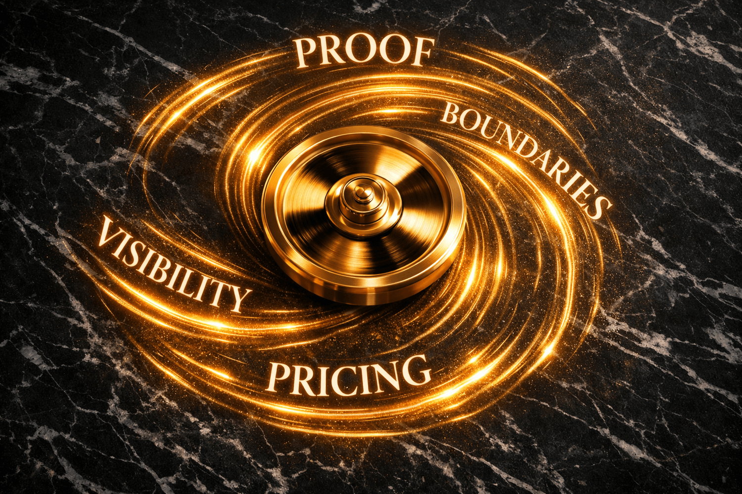 Golden metallic flywheel spinning with glowing trails forming the words proof, boundaries, pricing, and visibility, symbolizing compounding business confidence