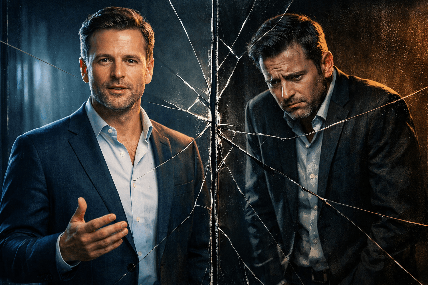 Split screen of male business founder showing confident external posture versus anxious internal reflection in cracked mirror, symbolizing self-talk undermining pricing confidence