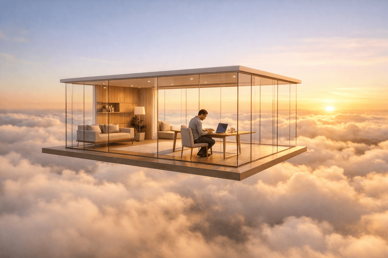 Minimalist glass-walled office suspended in open sky at golden hour, symbolizing boundaries as transparent protective structure not isolation