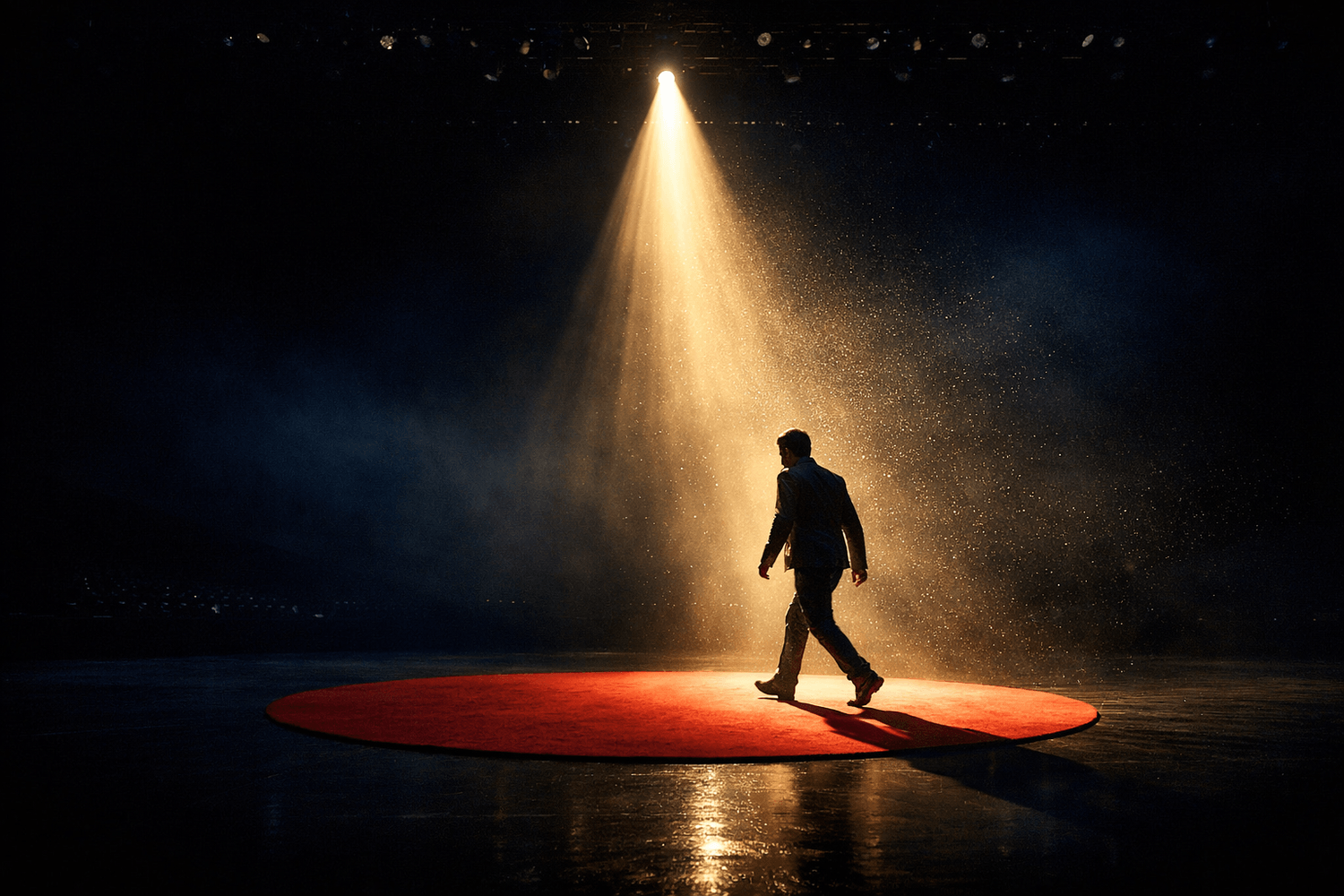 Figure stepping from shadow into spotlight on dark stage, symbolizing the courageous shift from hiding to visible authority and choosing to be seen