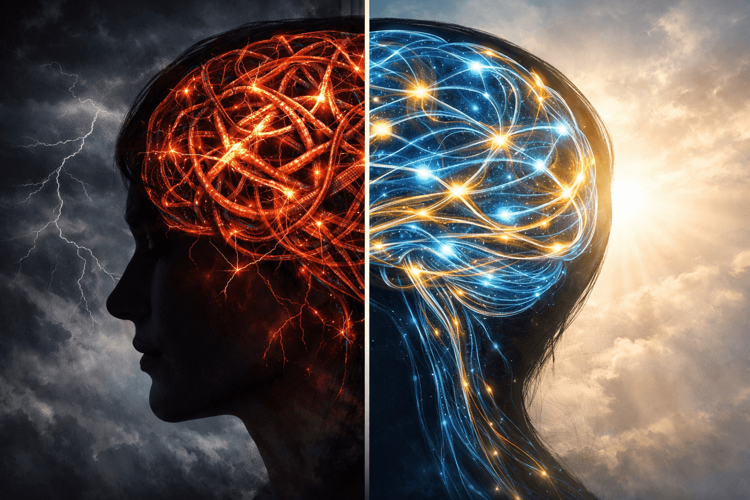 Split screen comparison showing chaotic red anxiety neural pathways transforming into organized calm blue pathways