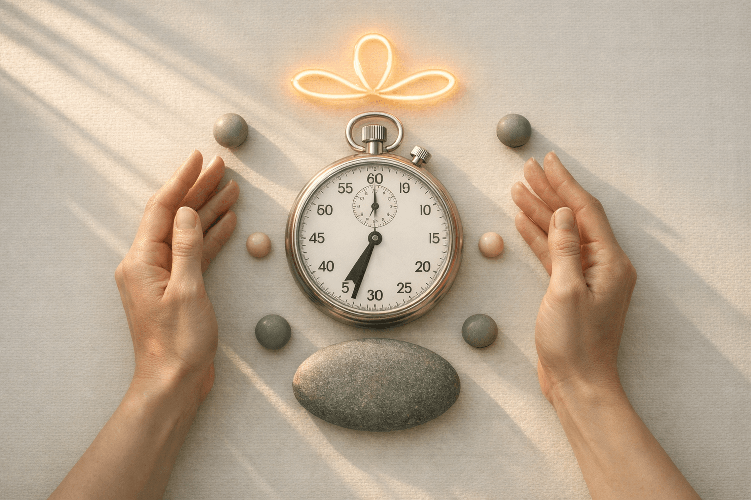 Overhead view of analog stopwatch set to seven minutes surrounded by grounding objects in minimalist ritual arrangement