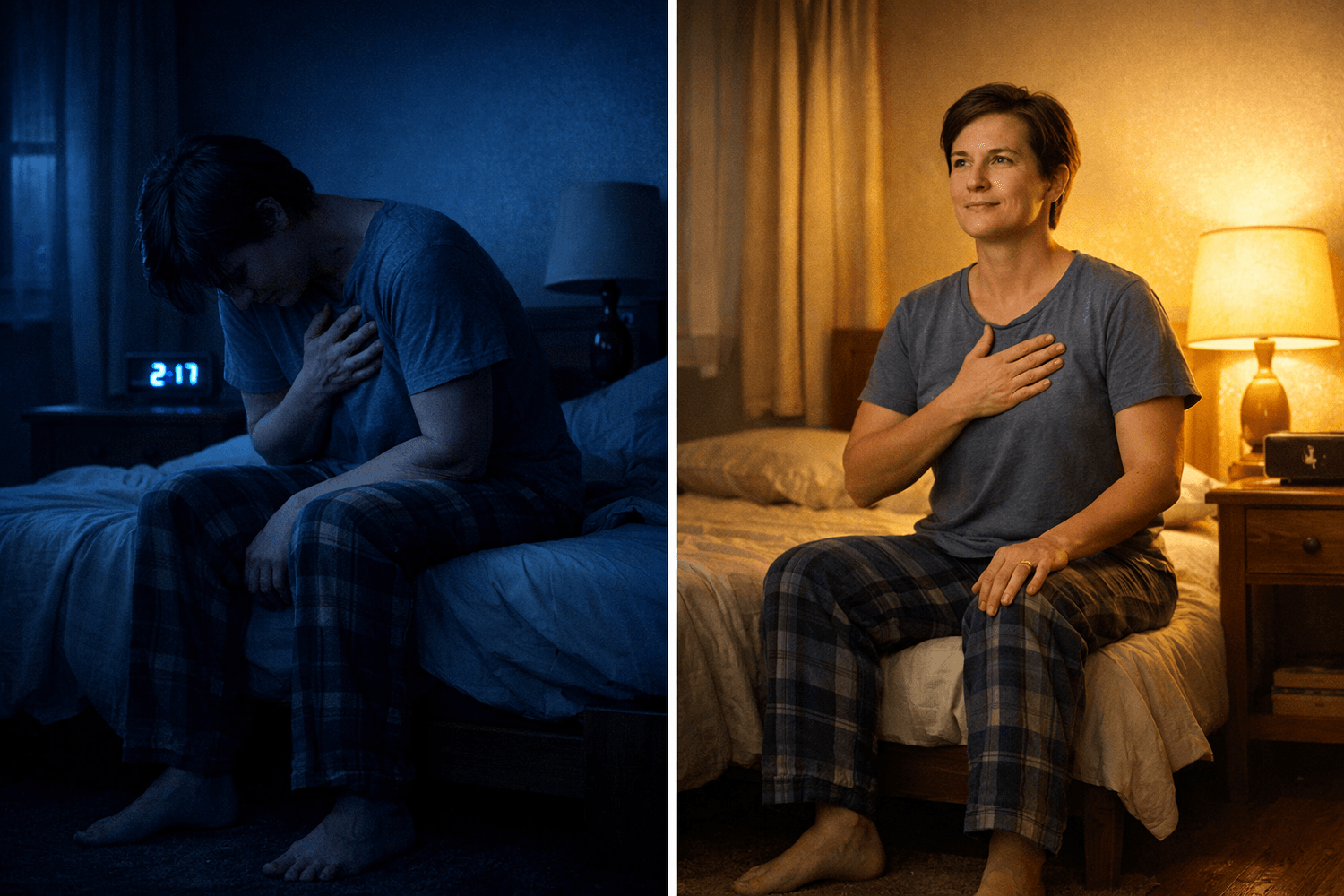 Before and after comparison: person experiencing nighttime anxiety versus using calm breathing technique in same bedroom