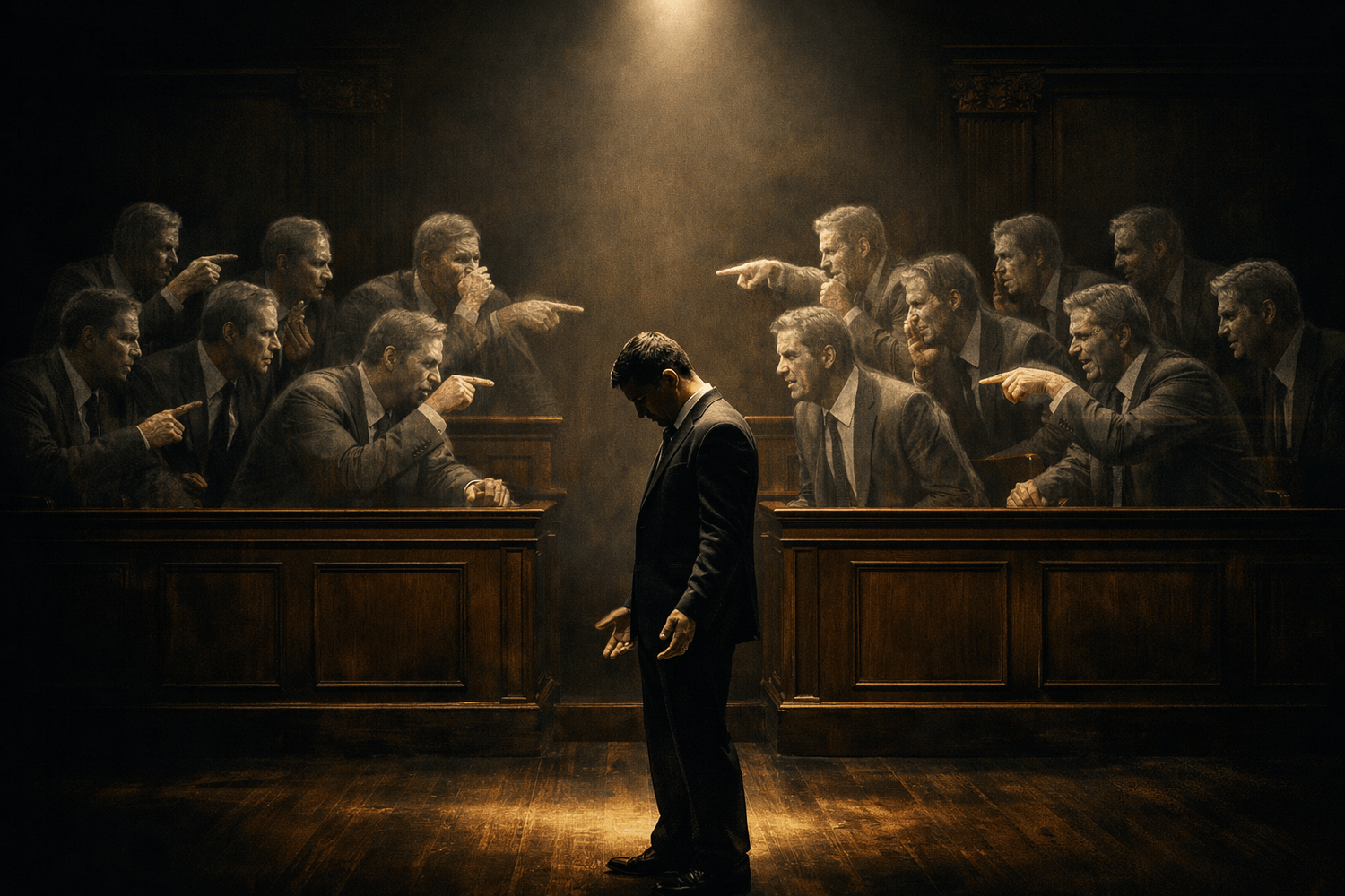 Man facing inner critics visualized as ghostly jury in dark courtroom of self-judgment
