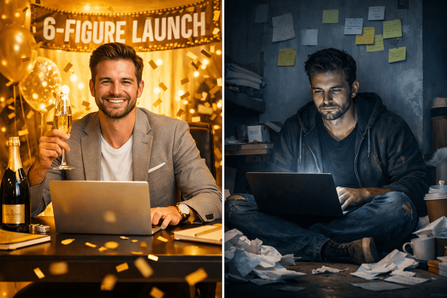 Split screen showing entrepreneur comparison trap: polished success versus messy reality