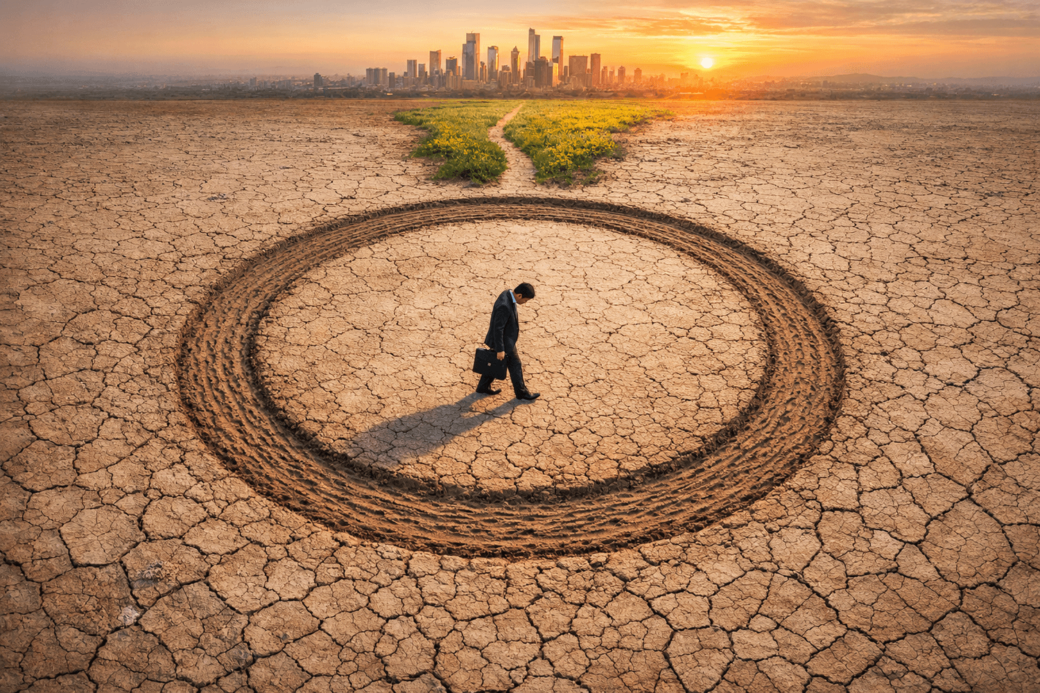 Man walking endless circular path through fog symbolizing entrepreneur avoidance loop