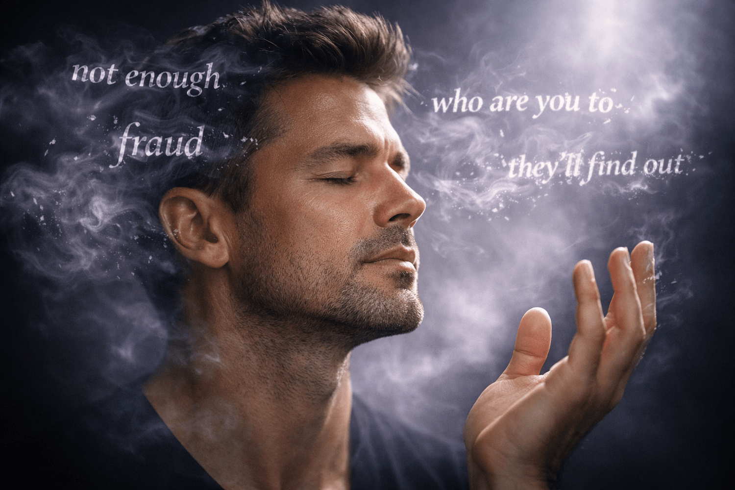 Entrepreneur practicing cognitive defusion, observing self-doubt thought as separate object